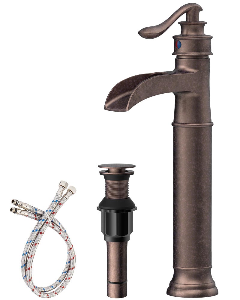 Homevacious Vessel Sink Faucet Copper Tall Bathroom Faucets Waterfall Single Handle 1 Hole Farmhouse Antique with Pop up Drain Assembly and Supply Lines Mixer Tap Without Overflow Counter Top - Image 1